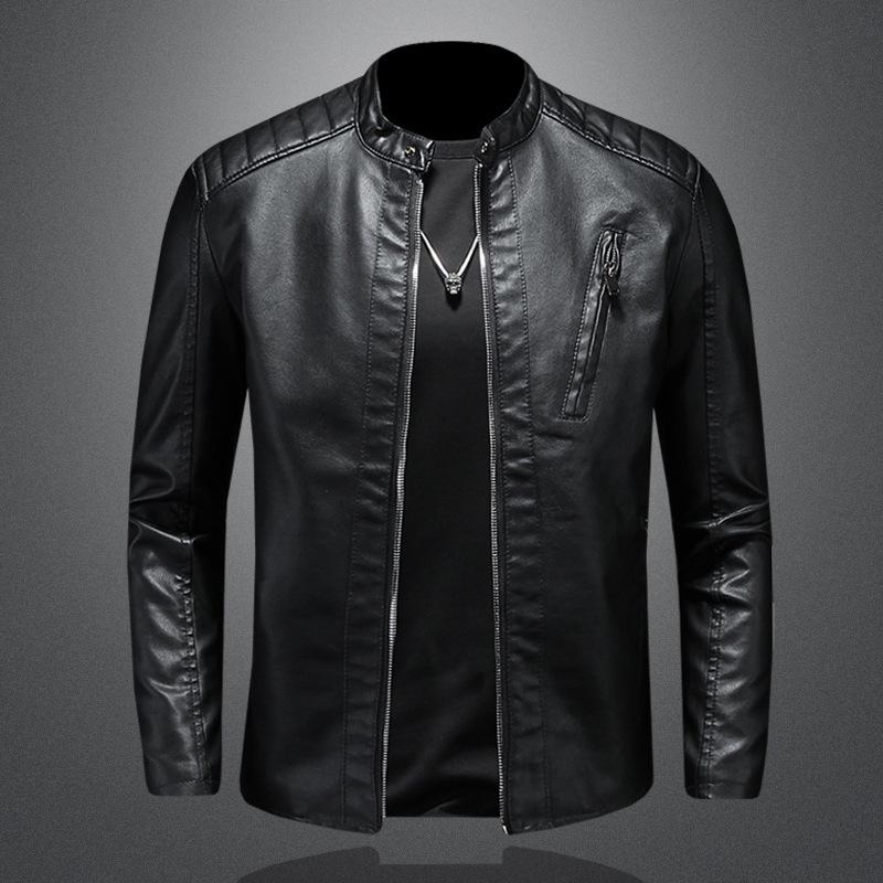 Autumn Plus Size Men's Stand-Up Collar Leather Motorcycle Jacket - Slim Fit Casual Coat