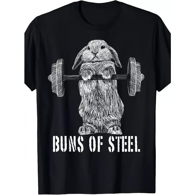 Rozmiary europejskie Męska Zabawna Koszulka Graficzna Królik Bunny Buns of Steel do Podnoszenia Ciężarów - Koszulka z Humorem na Siłownię