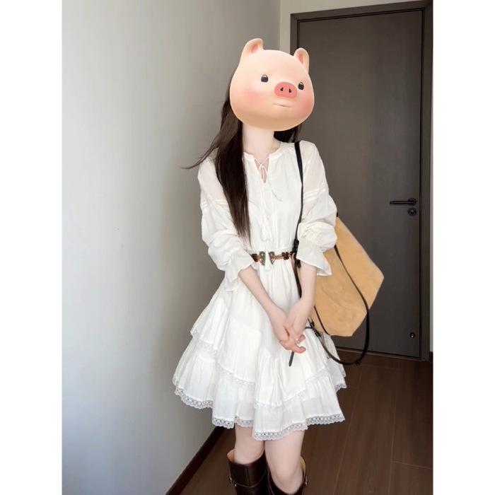 

French Lace Patchwork V-Neck White Long-Sleeve Shirt Dress for Autumn Fairy Feel L