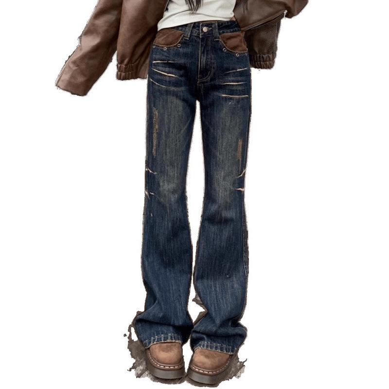 Women's Retro High Waist Distressed Micro Flare Jeans - Petite Slimming Wide Leg Autumn Trend
