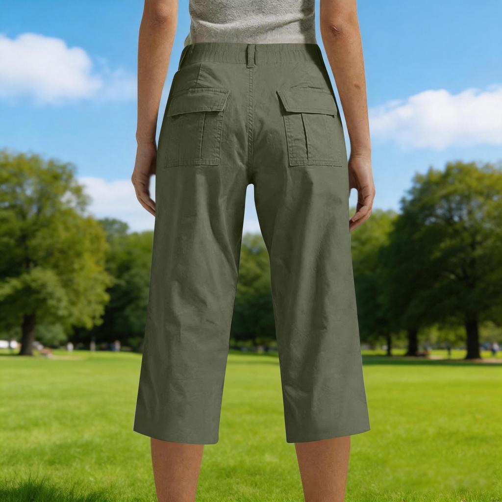 Women Casual Cargo Capri Pants Elastic Waist Stretchy Waistband Relaxed Fit Utility Trousers with Pockets Mid Calf Length