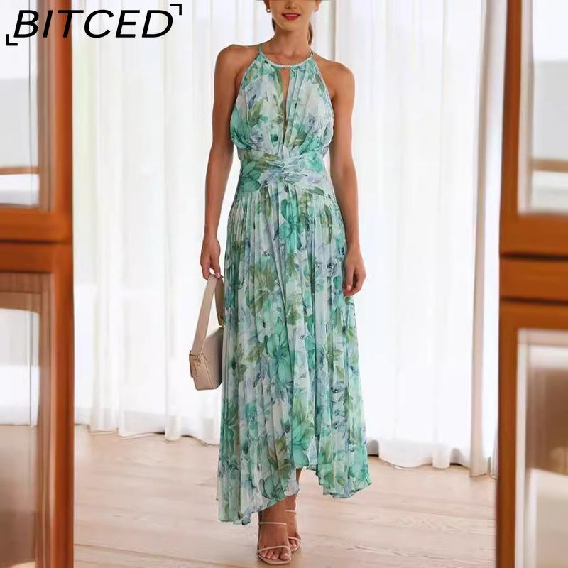 

BITCED Summer Women s Halter Sleeveless V-Neck Printed Full-Skirted Long Dress XL зелений
