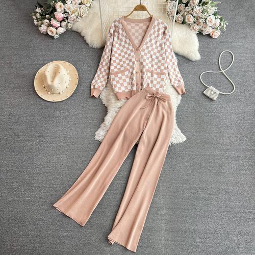 Herbst Vintage Marke Plaid Gestrickte Pullover Hose 2 Stück Set Frauen Trainingsanzug Einreiher Mantel + Knöchel Länge Hosen Outfits