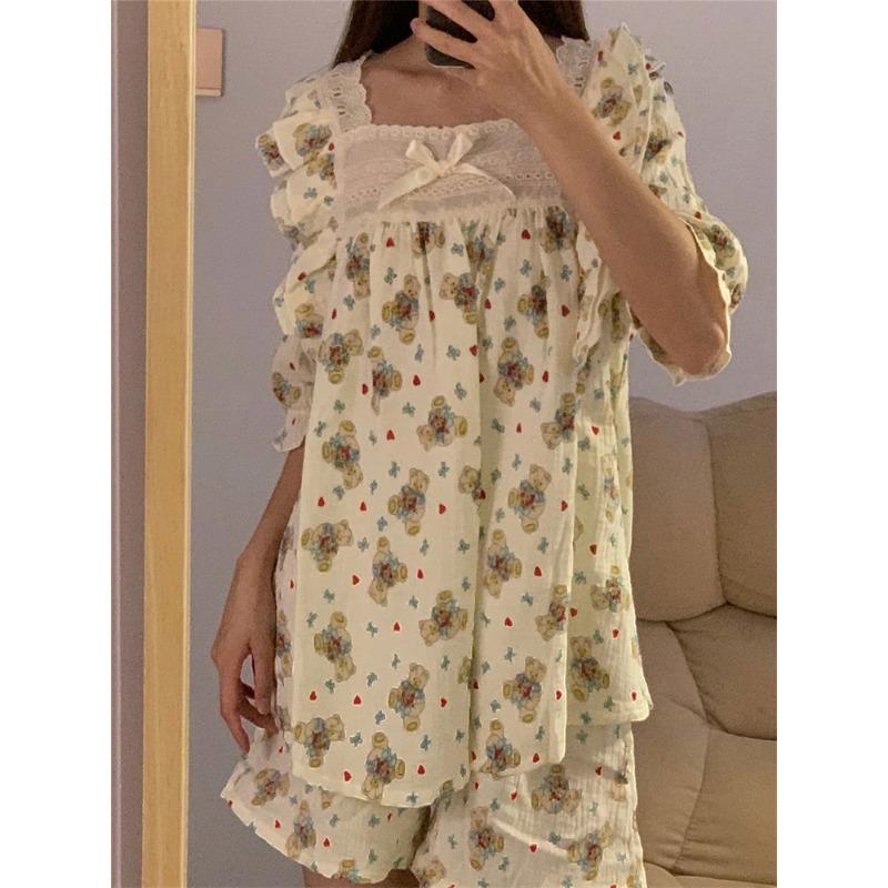 

Женская пижама, летняя, с коротким рукавом, комплект одежды для сна с рисунком милого медведя, пижама для женщин с оборками, домашний комплект одежды для сна, кардиган XXL