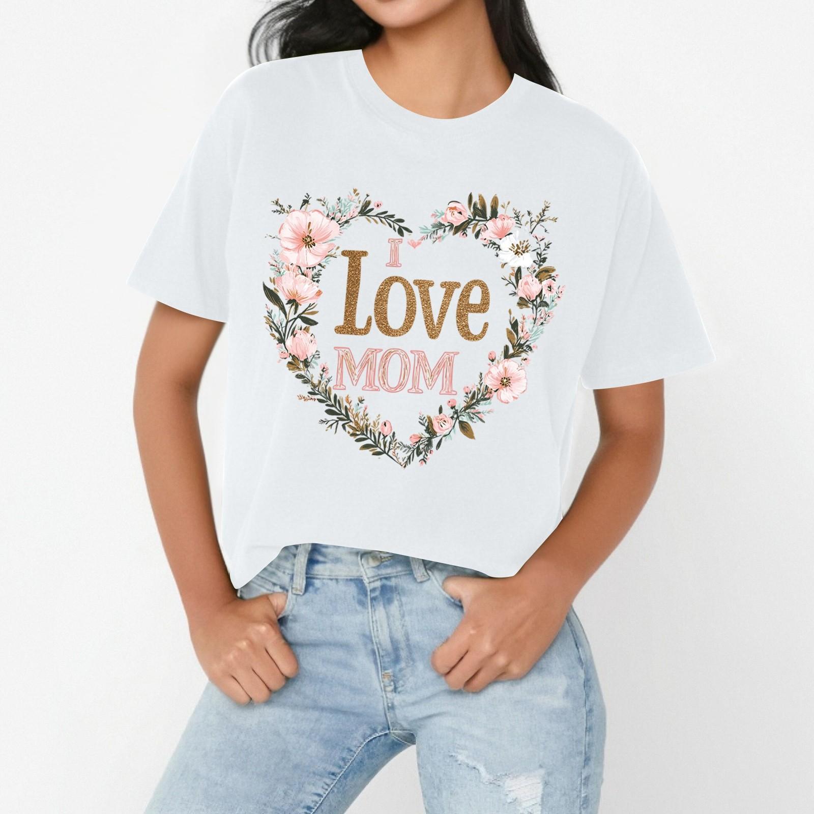 

I LOVE MOM Women s Casual Mother s Day Print Loose T-shirt Round Neck Pullover Short Sleeve Top XL білий