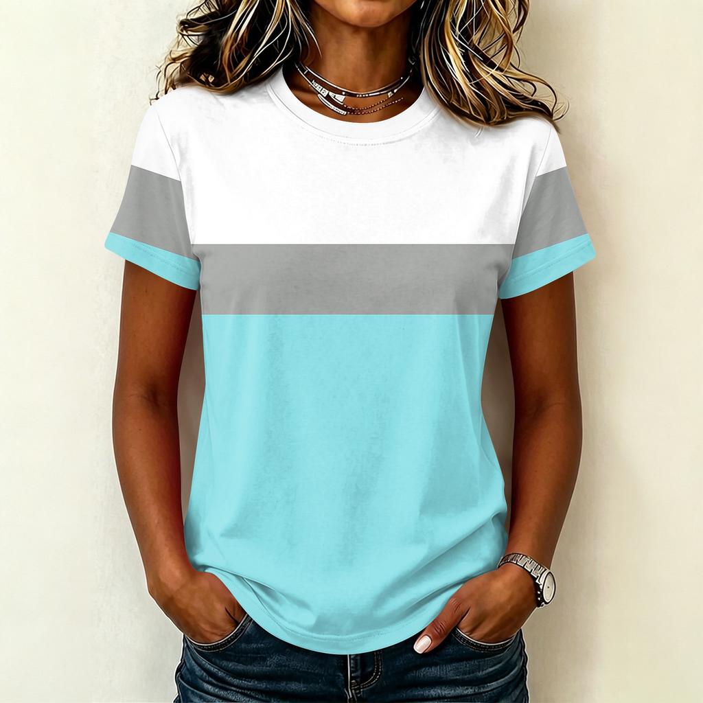 Dames Casual Pullover Korte Mouw T-shirt Kleurblok Bedrukt Top Ronde Hals Lichtgewicht Zachte Stof