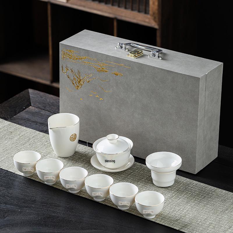 White Porcelain Mutton Fat Jade Kung Fu Tea Set - Perfect for Home, Workplace, or Gift