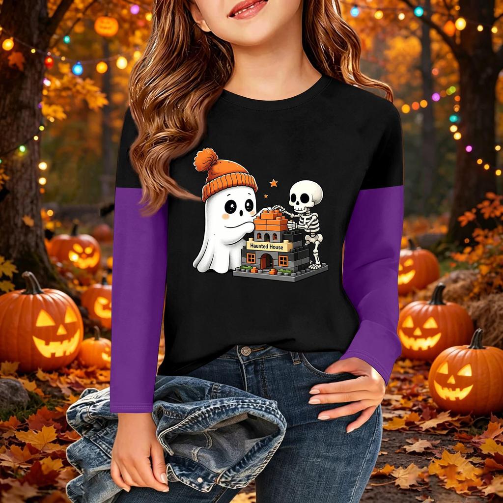 Children's Halloween Printed Long Sleeve Round Neck Casual Base Layer Shirt for Boys and Girls