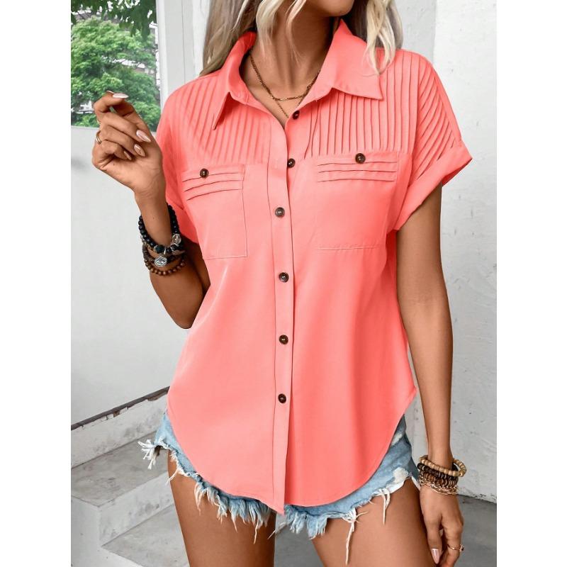 

Casual Neck Short Sleeve Blouse with Button-Up Front and Pleated Design 2XL помаранчевий