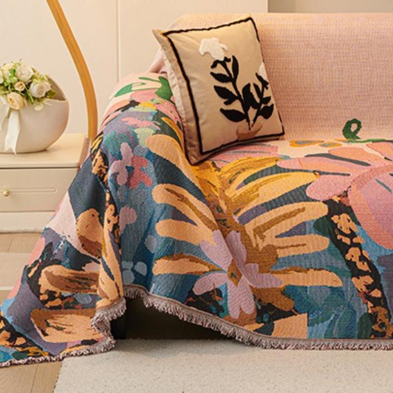American Graffiti Flower Sofa Mat Wear Resistant Anti Slip Cat Scratch Resistant Settee Towel Chenille Tassel Edge Couch Cover