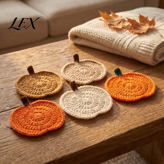 Crochet Pumpkin Cushion Handmade Coasters, Soft Polyester Coffee Mats, Heat Resistant Drink Mats Autumn Themed Farmhouse Dining Accessories