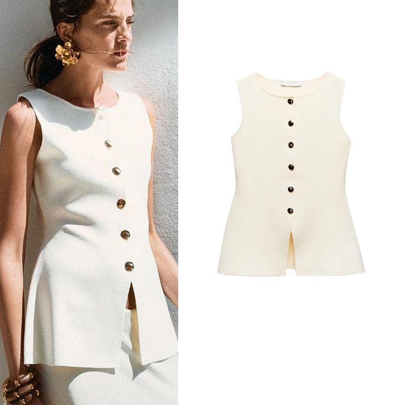 Spring New Arrival Knitting Sleeveless Tops Fashion Casual Round Neck Golden Button Plain Stitch Vest 4192100