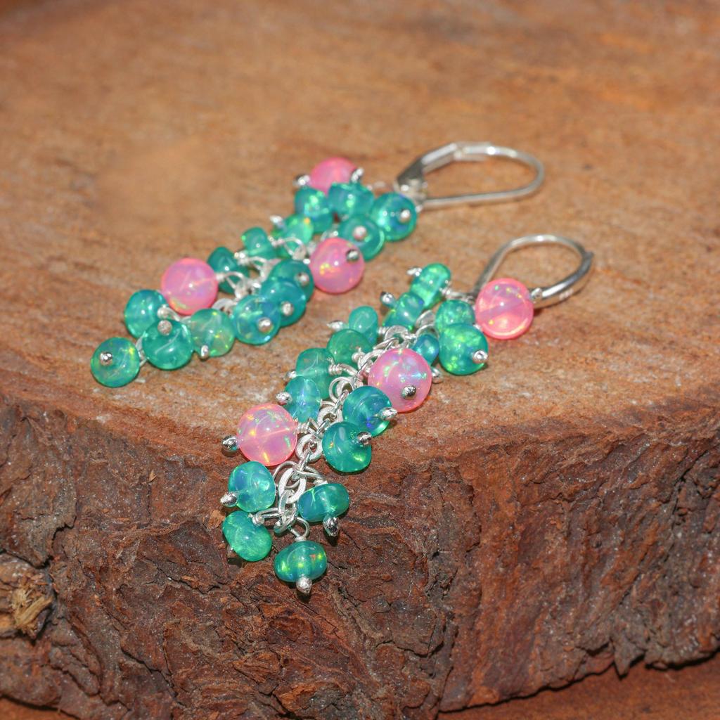 Fire Opal Cluster Earrings: Green Pink Ethiopian Opal, Sterling Silver