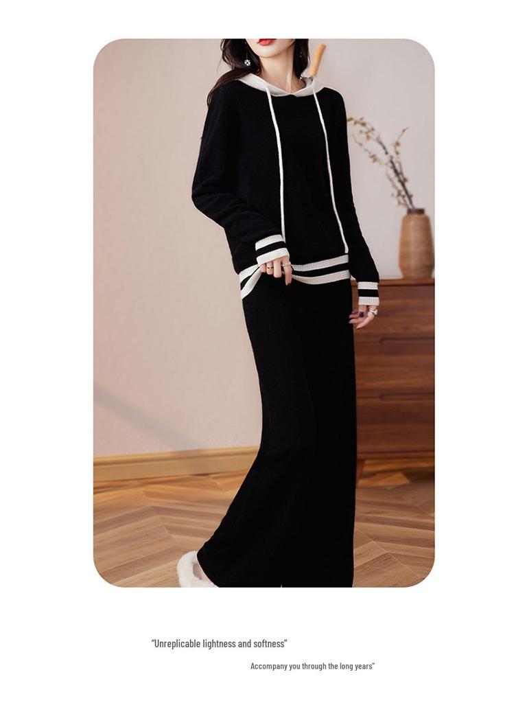 Women's Casual Color Block Hooded Wool Knit Sweatshirt & Long Pants Set - New Autumn Slimming Versatile Two-Piece