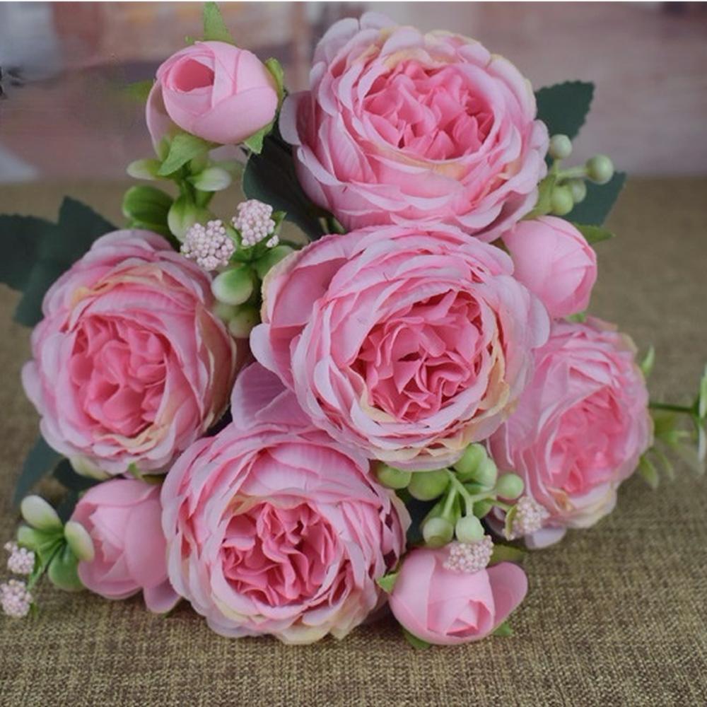 High Quality Artificial Flowers Peony White Pink Rose Bouquet Home Wedding Decoration Fake Flowers Craft Living Room Arrangement