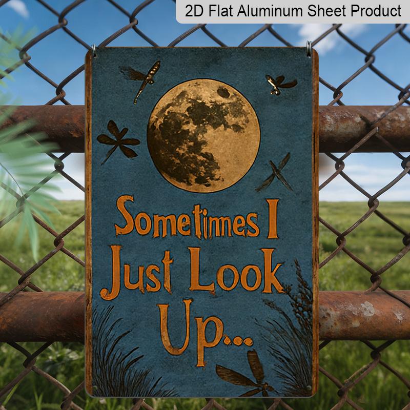 2D Flat Retro Dragonfly and Moon Metal Aluminum Plaque - "Sometimes I Just Look Up" Quote - Country Style Decor - Deep Blue Night Sky with Stars