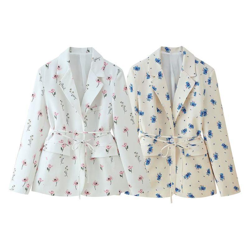 Kaslead New Women clothes Western Style Fashion Two-Color Print Lapel Lace-up Blazers