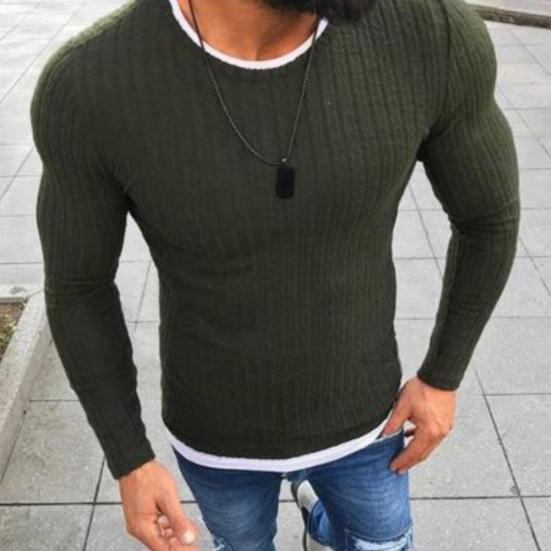 Fashion Men Round Neck Long Sleeve Patchwork Slim Knitted Sweater Pullover Top