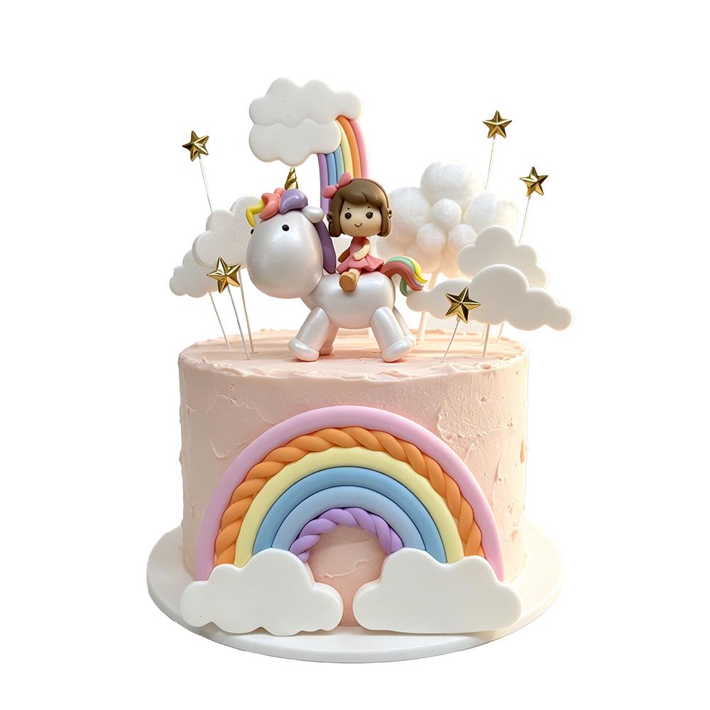 Unicorn Rainbow Cake Topper - Pink Cartoon Decoration for Children's Birthday Party