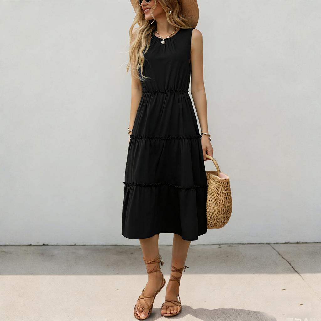 Sleeveless Women's Dress Casual Flowy A-Line Midi Tshirt Dresses With Pockets Crewneck Vocation Boho Beach Sundress