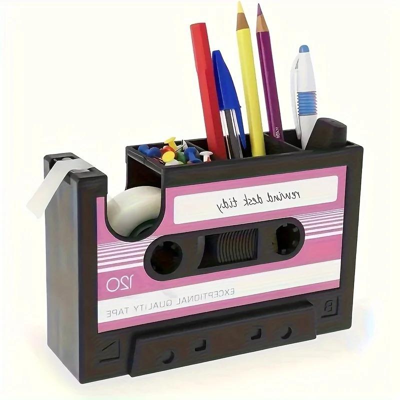 Vintage Cassette Tape Desk Organizer, Retro Style Pen Holder Desktop Storage Box for Office Home Decor