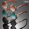 3PCS Retro Metal Round Frame Leopard Head Decorative Wood Grain Mirror Legs Fashionable Sunglasses for Men and Women