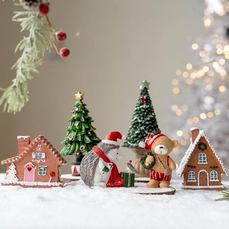 Festival Colorful Christmas Houses Tree Bear Statue Resins Miniature Figurine Ornament Seasonal Holiday Desktop Decors