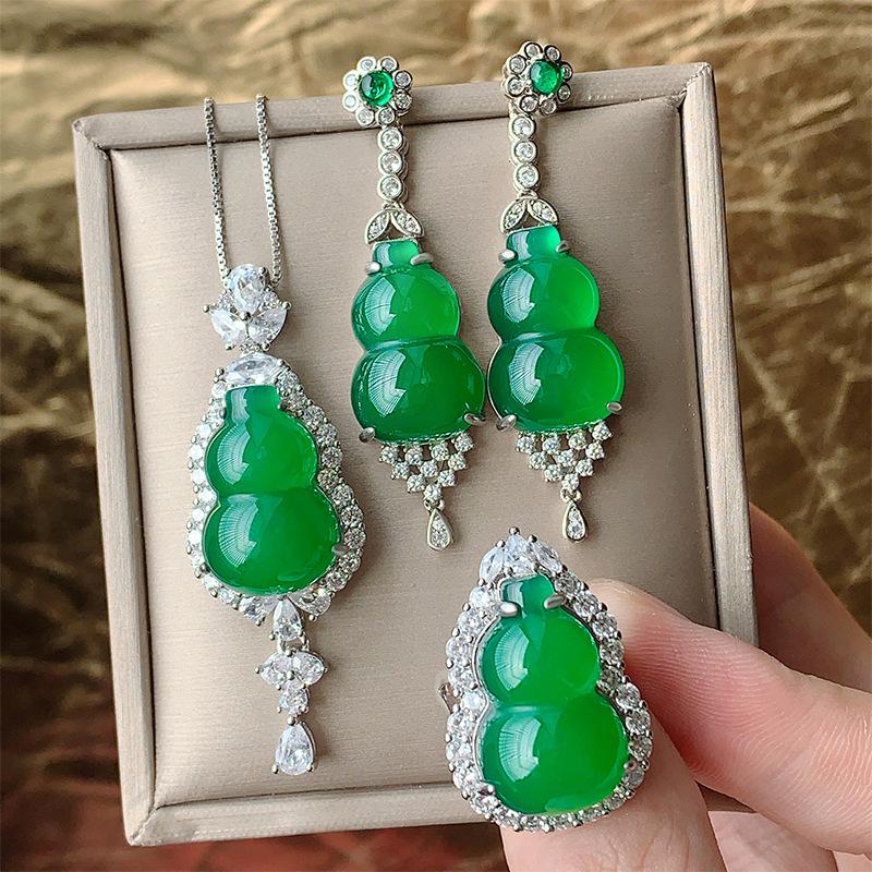 New Chinese Style Jewelry Earrings Imitation Green Chalcedony Gourd Ring Pendant Necklace Women's Set