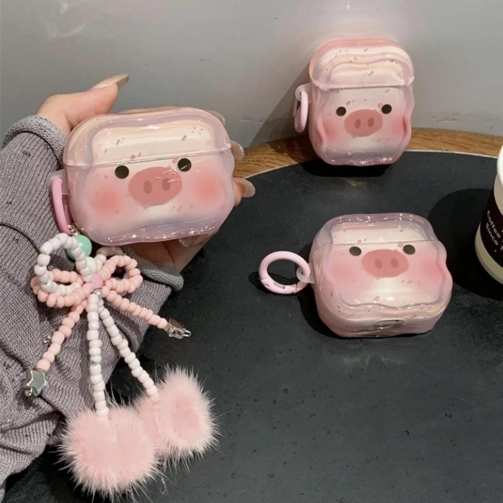 Cute Piggy Hair Powder Blusher Earphone Case For Apple Airpods 1 2 3 4 Pro Pro2 Plush Lanyard Case