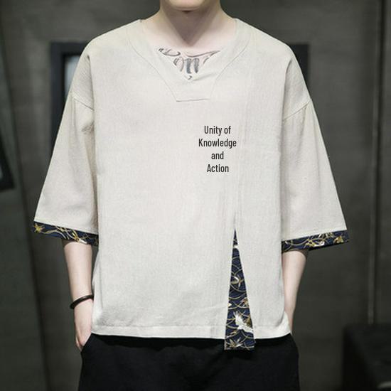 Herren Retro Stil Leinen V-Ausschnitt Besticktes T-Shirt, Lockere Passform, Dreiviertelärmel, Große Größe