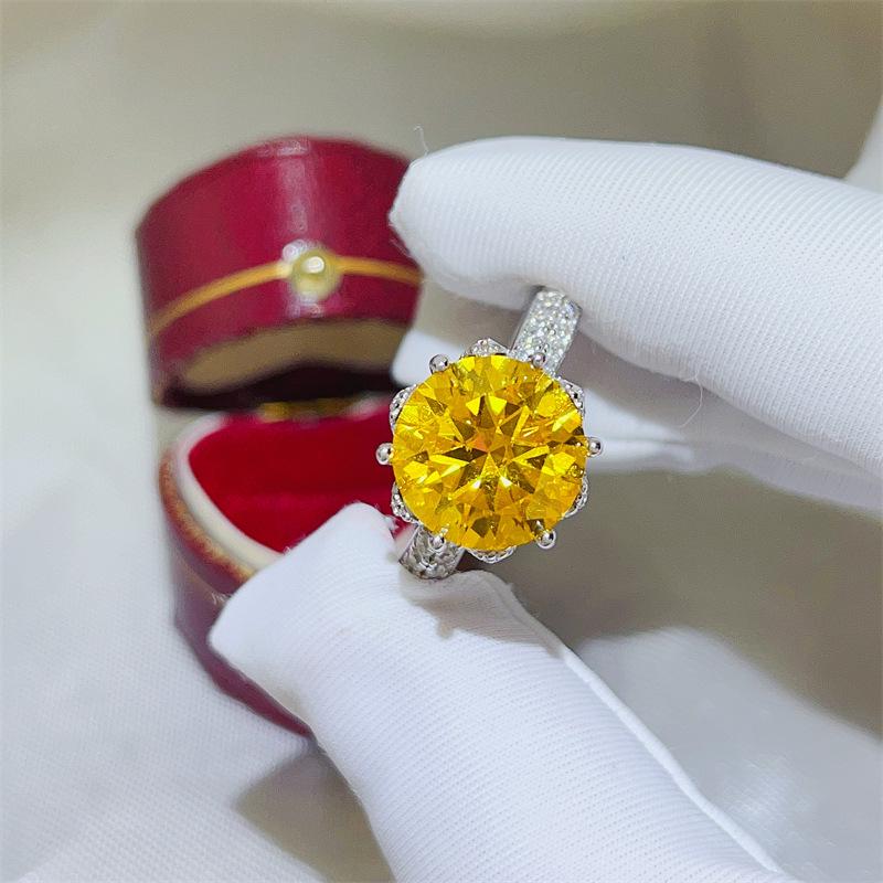 Ice Queen 5-Carat Yellow Moissanite Ring, Eight-Heart Cut with Colorful Fire