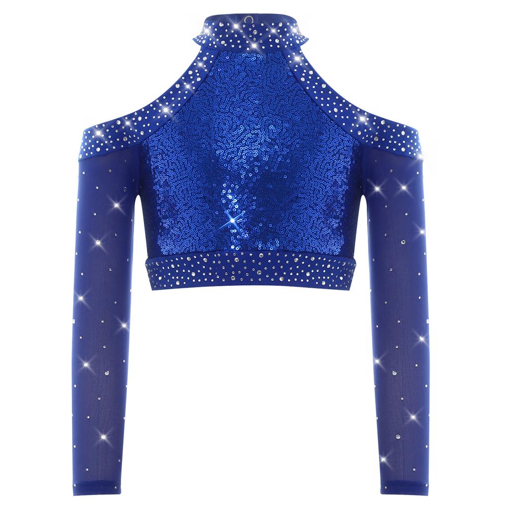 Girls Shiny Sequins Crop Top Long Sleeve Back Neck Press Buttons Closure Dance Shirt