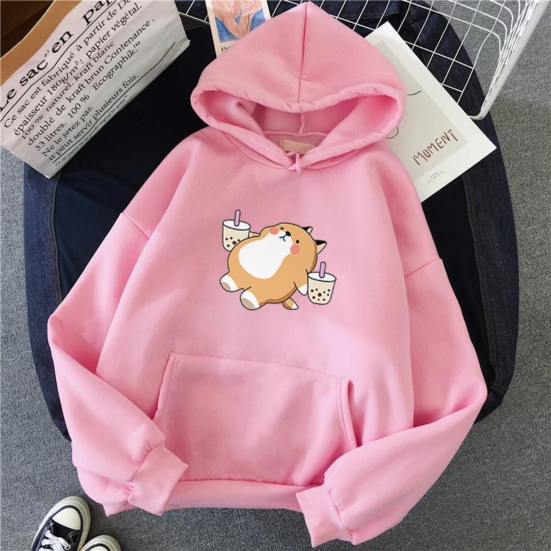Autumn Winter Milk Tee Dog Printed Hoodie Women Casual Loose Kawaii Fashion Korean Style O-Neck Long Sleeve Fleece Sweatshirts