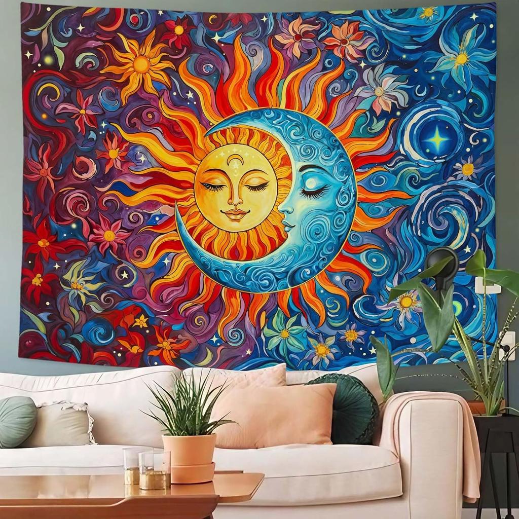 Sun and Moon Tapestry Boho Hippie Orange Red Blue Floral Tapestry for Bedroom Aesthetic Abstract Plant Flowers Small Tapestries