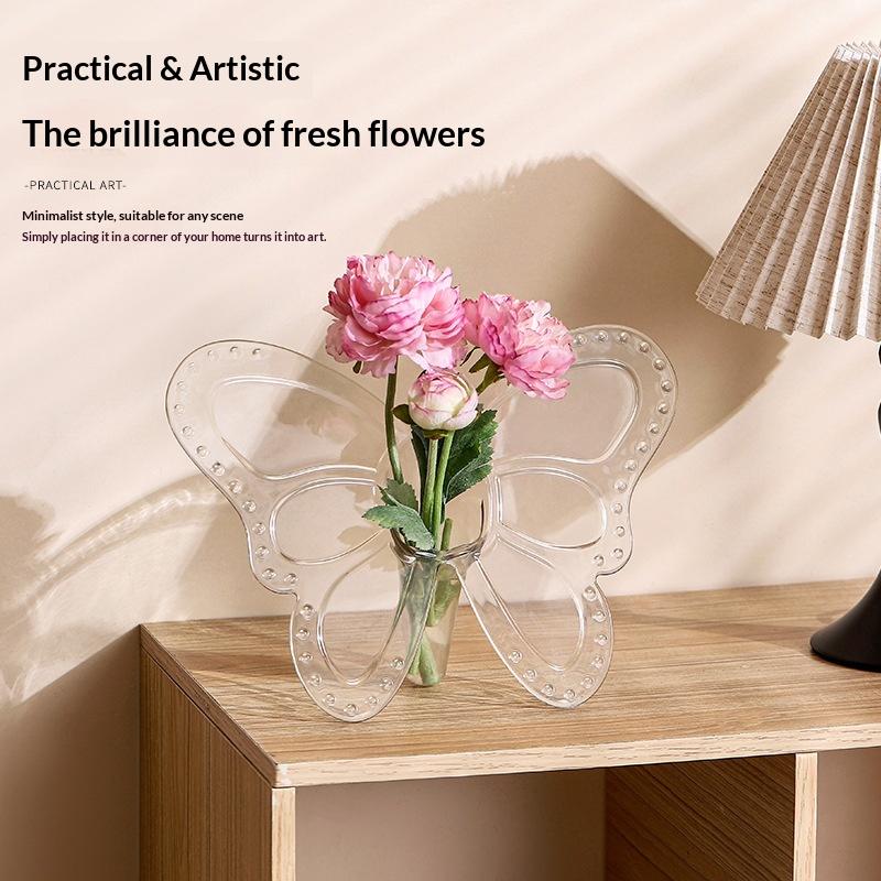 Ins Style Butterfly Shaped Clear Vase Plastic Frame Vase Water Plant Flower Vase Decoration Home Living Room Desktop Ornament
