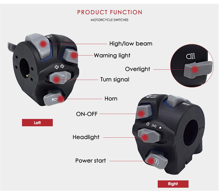 Pair 7/8" Motorcycle Handlebar Switch Assembly Indicator Start Button w/ Light