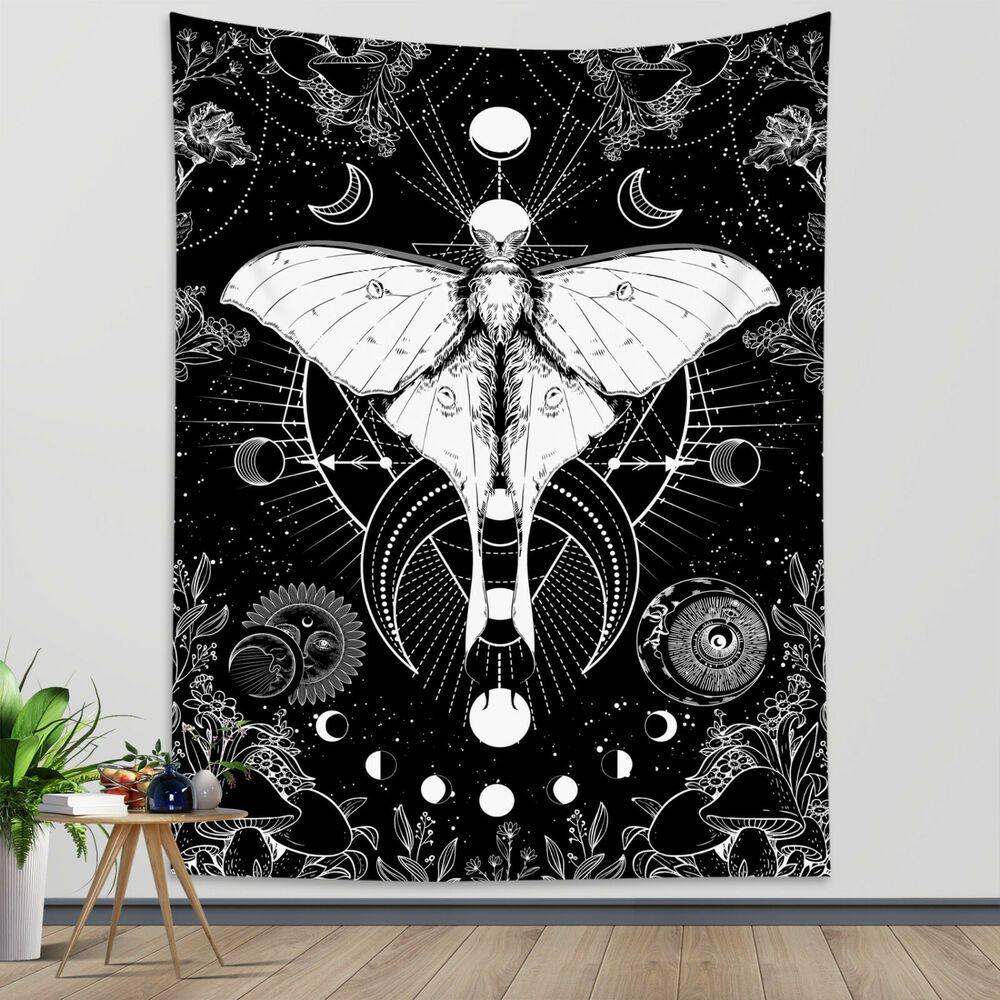 Tapestry moon phase moth trippy mushroom 75x100 чёрный