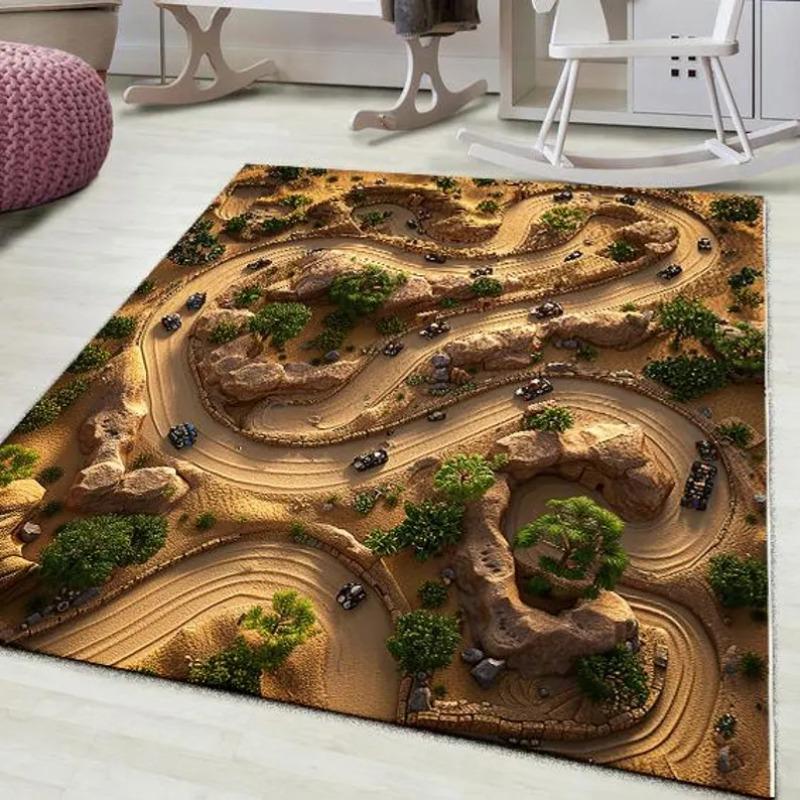 Desert Race Track Rug, Winding Circuit with Mini Cars on Warm Tone Base, Dynamic Off-Road Scene Mat for Boys Room Decoration