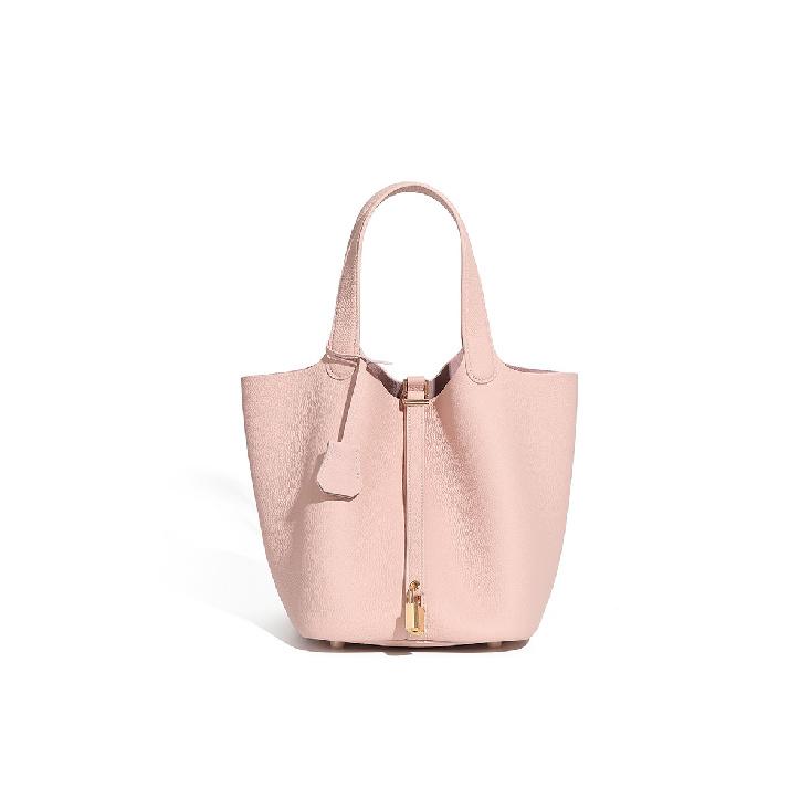 

Top Layer Cowhide Bucket Bag 2025 New Versatile Genuine Leather Basket Bag Women s Large Capacity Tote Handbag рожевий