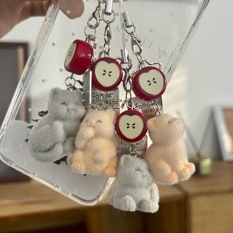 Portachiavi Ciondolo Gatto Floccato Creativo Carino Catena per Cellulare a Cartoni Animati Accessori Ciondolo Decorazione Zaino Regali