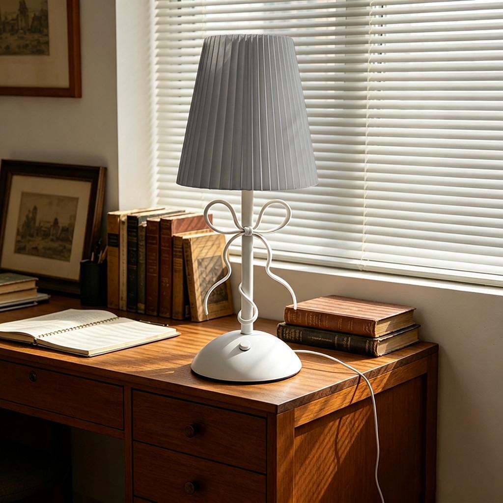 Modern Nordic LED Table Lamp with White Pleated Fabric Shade Bow Knot Design Bedside Desk Light for Bedroom Decor