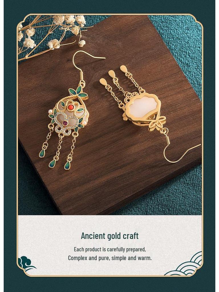 2022 Ethnic Court-Style Enamel & Imitation Hetian Jade Tassel Earrings