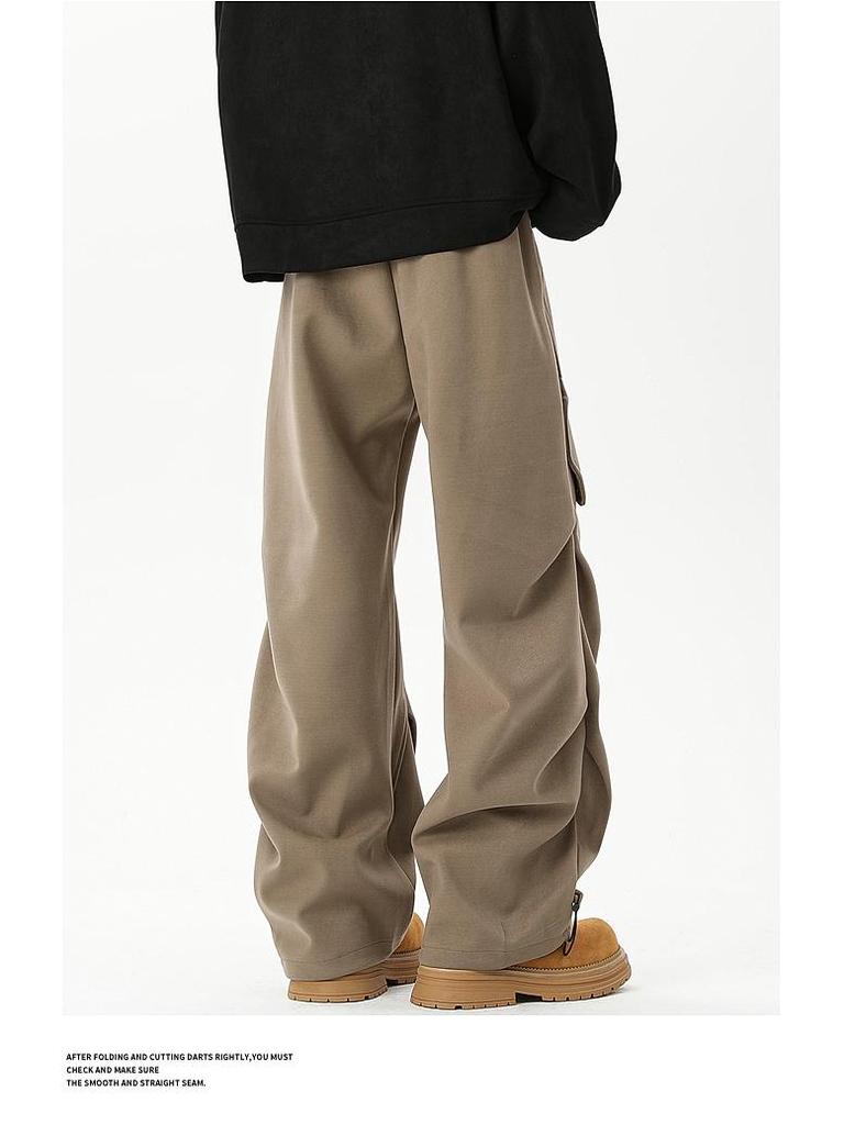 Men's Trendy Spring/Autumn Pleated Wide-Leg Overalls - Stylish, Handsome, and Casual Straight-Leg Trousers.