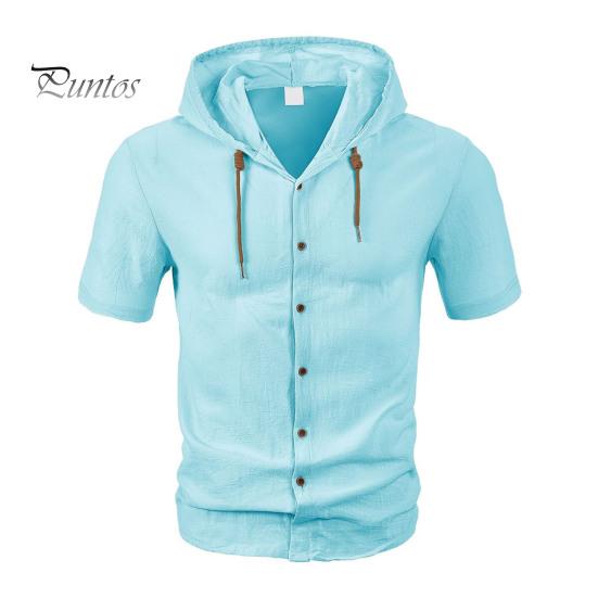 

Мужская льняная рубашка с капюшоном, однотонная рубашка с коротким рукавом, свободный крой, застежка на пуговицы, летний повседневный топ для пляжа, повседневной носки, офиса, путешествий XL светло-синий