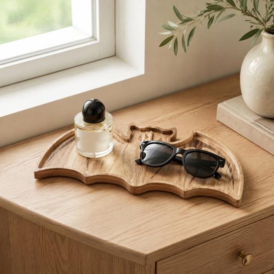 Solid Wood Trinket Dish Bat-Shaped Wooden Serving Tray, Halloween Theme Snack Dessert Platter, Gothic Jewelry Storage Decorative Plate for And