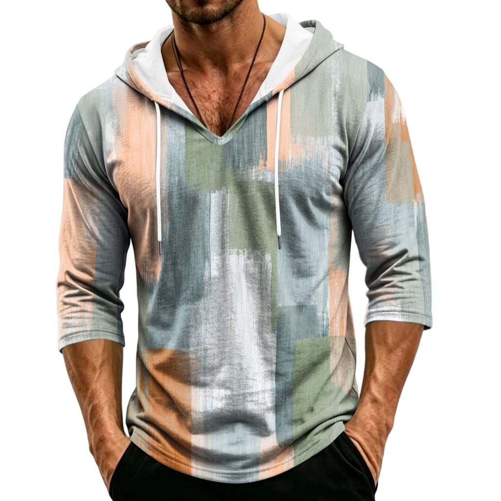 Men's Loose Fit Casual Hoodie Camouflage Pattern Three Quarter Sleeve Pullover Lightweight Breathable Hooded Shirt for Outdoor Activities
