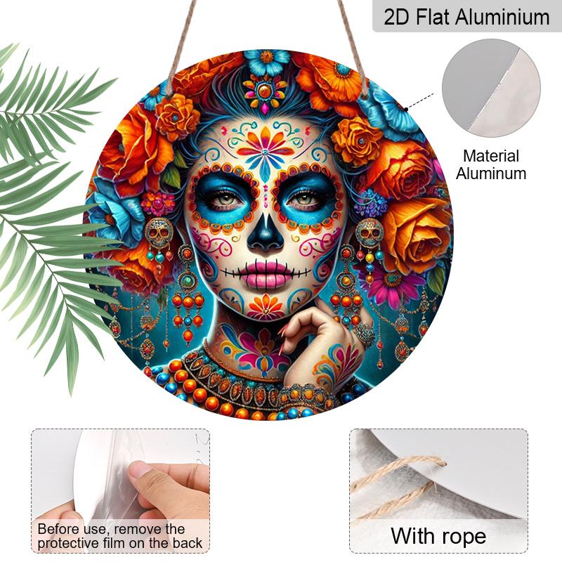 2D Flat 1pc, 8x8 in, Round Aluminum Metal Sign - Skull Design, Themed for Day of The Dead - for Outdoor & Indoor Decoration - Suitable for Spring and