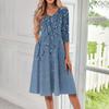 Abito midi stampato con scollo a V e maniche a tre quarti, stile casual da donna