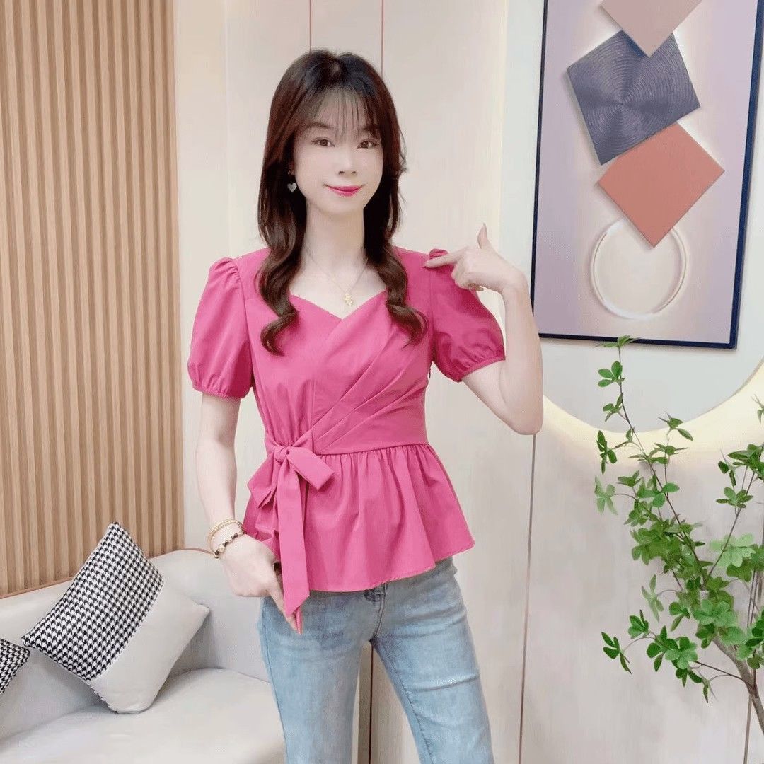 Women s Short Sleeved Shirt Short Sleeved Summer Waist Cinching Shirt for Women S