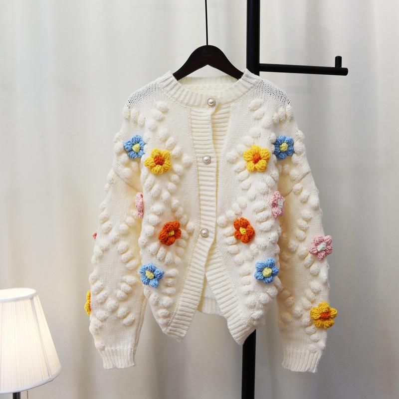 Autumn and Winter Three-dimensional Flower Soft Waxy Knitted Cardigan Women's Design Sense Sweet Wind Sweater Jacket Gentle Wind